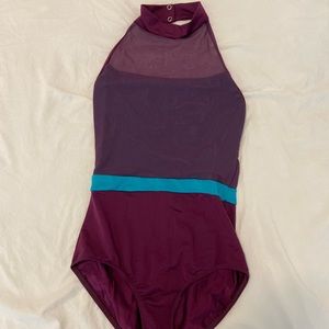 crown by bloch high neck purple and teal leotard